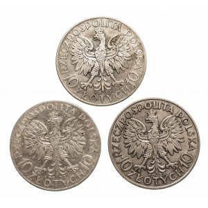 Polska, II Rzeczpospolita (1918-1939), zestaw 3 monet 10 złotych 1932 głowa kobiety, Warszawa, Londyn.