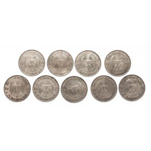 Německo, Třetí říše (1933-1945), sada mincí 5 marek Postupimský dóm 1934-1935 (9 ks).