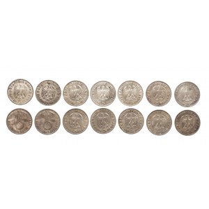 Niemcy, III Rzesza (1933-1945), zestaw monet 5 marek Hindenburg 1935-1936 (14 szt.)