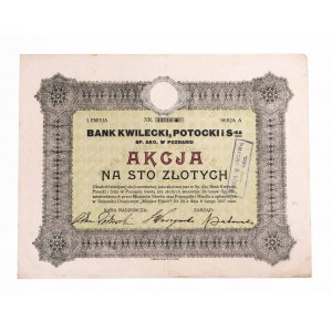 Akcja Bank Kwilecki, Potocki i S-ka na 100 złotych 8.02.1927, Poznań.