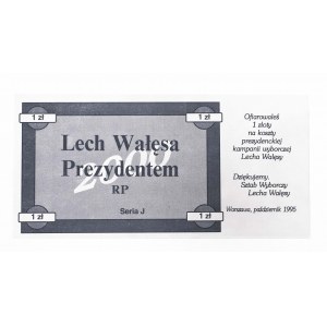 Lech Wałęsa Prezydentem RP, cegiełka 1 złoty 1995, seria J, Warszawa.
