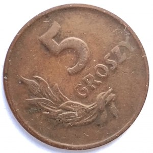 Polsko, Polská lidová republika (1944-1989), 5 groszy 1949, bronz - destrukce, skotská barva