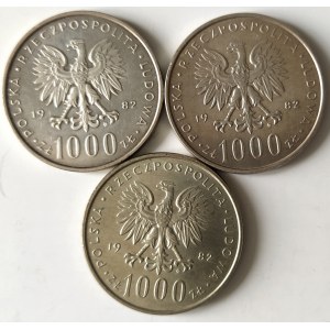 Polsko, PRL (1944-1989), 1000 zlotých 1982, Jan Pavel II - sada 3 kusů