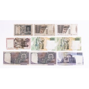 Włochy, zestaw 9 banknotów.