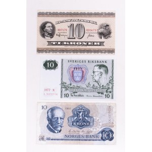 Scandinavia, set of 3 10 kroner bills.