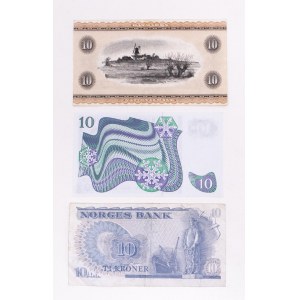 Scandinavia, set of 3 10 kroner bills.