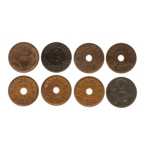 Dánsko, sada 2 rudých mincí 1889-1944 (8 ks).