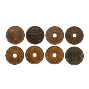 Dánsko, sada 2 rudých mincí 1889-1944 (8 ks).