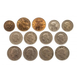 Švajčiarsko, súbor obehových mincí 1879-1963 (13 ks)