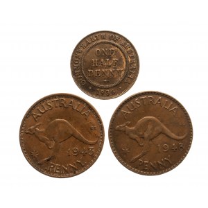 Australia, zestaw monet obiegowych 1936-1948 (3 szt.)