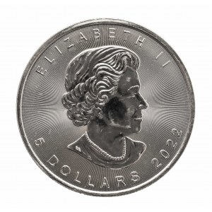 Kanada, Alžběta II (1952-2022), 5 dolarů, 1 unce stříbrného javorového listu 2022.