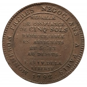 Francúzsko, Ľudovít XVI (1774 - 1793), 5 soľ 1792 - medaila, Birmingham