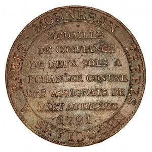 Francja, Pierwsza Republika (1792-1814), 2 sole 1791 Monneron Freres - medalowe