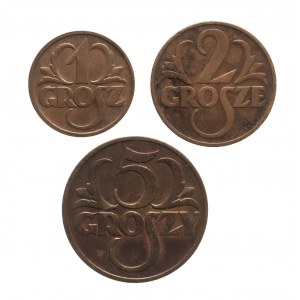 Poland, Second Republic (1918-1939), set of 3 penny coins, vintage 1937, Warsaw.