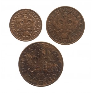Poland, Second Republic (1918-1939), set of 3 penny coins, vintage 1937, Warsaw.