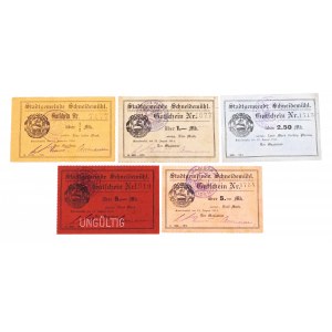 Piła, zestaw bonów, 1 marka, 2 marki i 2 x 5 marek 12.08.1914 oraz 1/2 marki 15.11.1916