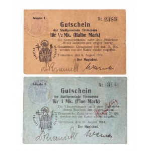 Trzemeszno - Magistrat Miasta, zestaw bonów: 1/2 marki serii I z 8.08.1914 i 1 marka serii I z 28.08.1914