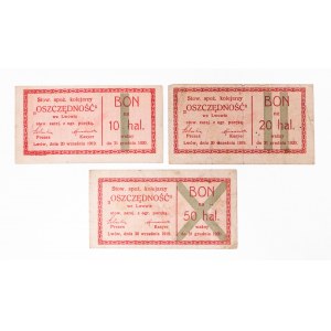 Lviv - Association of Railway Workers Savings, set: voucher for 10, 20, 50 haler 20.09.1919 - valid until 31.12.1920