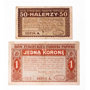 Żywiec - Żywiecka Fabryka Papieru, zestaw bonów: 50 halerzy i 1 korona 1919