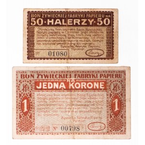 Żywiec - Żywiecka Fabryka Papieru, zestaw bonów: 50 halerzy i 1 korona 1919