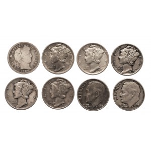 Stany Zjednoczone Ameryki (USA), zestaw 8 srebrnych dziesięciocentówek 1900-1963.