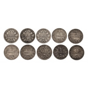 Niemcy, Cesarstwo Niemieckie (1871-1918), zestaw monet srebrnych (10 szt.) 1 marka 1874-1914.
