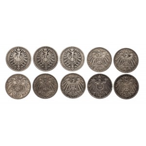 Niemcy, Cesarstwo Niemieckie (1871-1918), zestaw monet srebrnych (10 szt.) 1 marka 1874-1914.