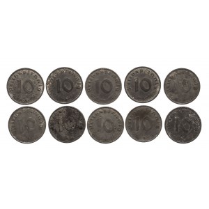 Niemcy, Trzecia Rzesza (1933 - 1945), zestaw monet (10 szt.) 10 Reichspfennig 1940-1944.