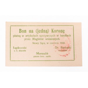 Nowy Sącz - Magistrat, bon na 1 koronę 1918 (czerwiec)