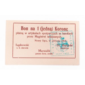 Nowy Sącz - Magistrat, bon na 1 koronę 1918 (sierpień)