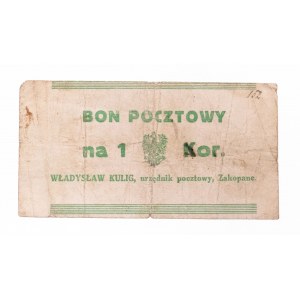 Zakopane - Władysław Kulig, Urzędnik Pocztowy, bon pocztowy na 1 koronę 1919