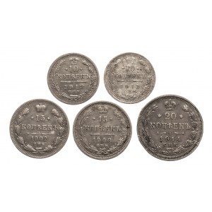 Rosja, Mikołaj II (1894-1917), zestaw monet 10,15,20 kopiejkowych, lata 1902-1914, 5 szt.