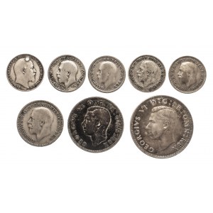 Wielka Brytania, zestaw srebrnych monet 1910-1946 ( 8 sztuk).