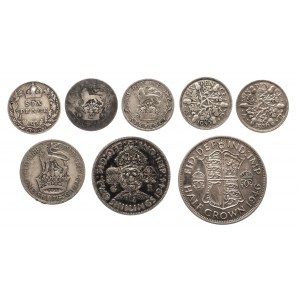 Wielka Brytania, zestaw srebrnych monet 1910-1946 ( 8 sztuk).
