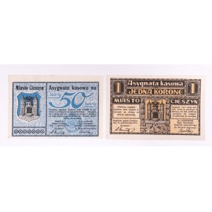 Cieszyn, set of vouchers, 50 haler 1.06.1919 and 1 crown 25.10.1919