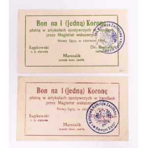 Nowy Sącz - Magistrat, zestaw 2 bonów na 1 koronę 1918 (czerwiec i sierpień)