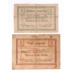 Wronki - Magistrat Miasta, zestaw bonów: 1 marka i 5 marek ważne od 3.11.1919 do 1.04.1920