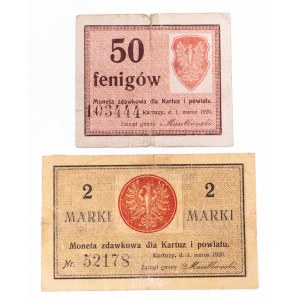 Kartuzy, zestaw bonów o nominałach: 50 fenigów i 2 marki 1.03.1920