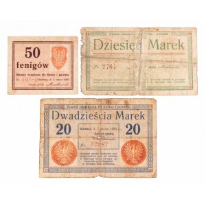 Kartuzy, zestaw bonów: 50 fenigów, 10 marek i 20 marek 1.03.1920