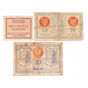 Kartuzy, zestaw bonów: 50 fenigów, 10 marek i 20 marek 1.03.1920