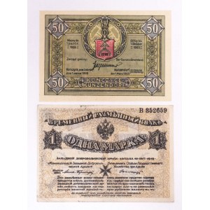 Kończyce (Kunzendorf), zestaw 2 bonów - 50 fenigów 1.03.1922; Mitawa (Mitau), 1 marka, 10.10.1919