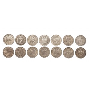 Niemcy, Trzecia Rzesza (1933-1945), zestaw monet 5 marek Hindenburg 1935-1936 (14 szt.)