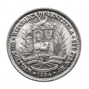 Venezuela, Republic (1953-1999), 1 bolivar 1954, Philadelphia, silver