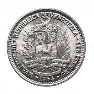 Venezuela, republika (1953-1999), 1 bolívar 1954, Philadelphia, stříbro