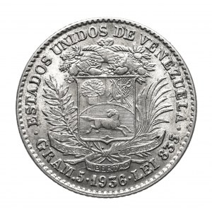 Venezuela, Spojené štáty (1879 - 1952), 1 bolívar 1936, Philadelphia, striebro
