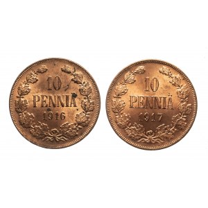 Finlandia, zestaw: 10 pennia 1916 i 1917, miedź, - piękne