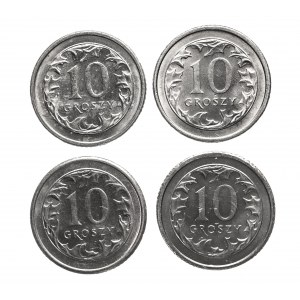Polska, Rzeczpospolita od 1989 roku, zestaw monet o nominale 10 groszy: 1990, 1991, 1992 i 1993 rok
