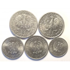 Polska, PRL 1944-1989, zestaw monet aluminiowych - 5 sztuk