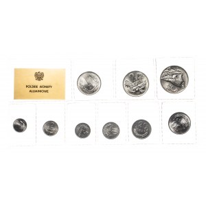 Polska, PRL (1944-1989), zestaw 9 monet aluminiowych w oryginalnym etui. Rzadsza wersja z 2 zł 1970.