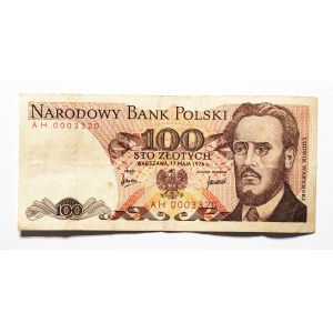 Polska, PRL (1944 - 1989), 100 ZŁOTYCH 17.05.1976, seria AH. Niski numer.